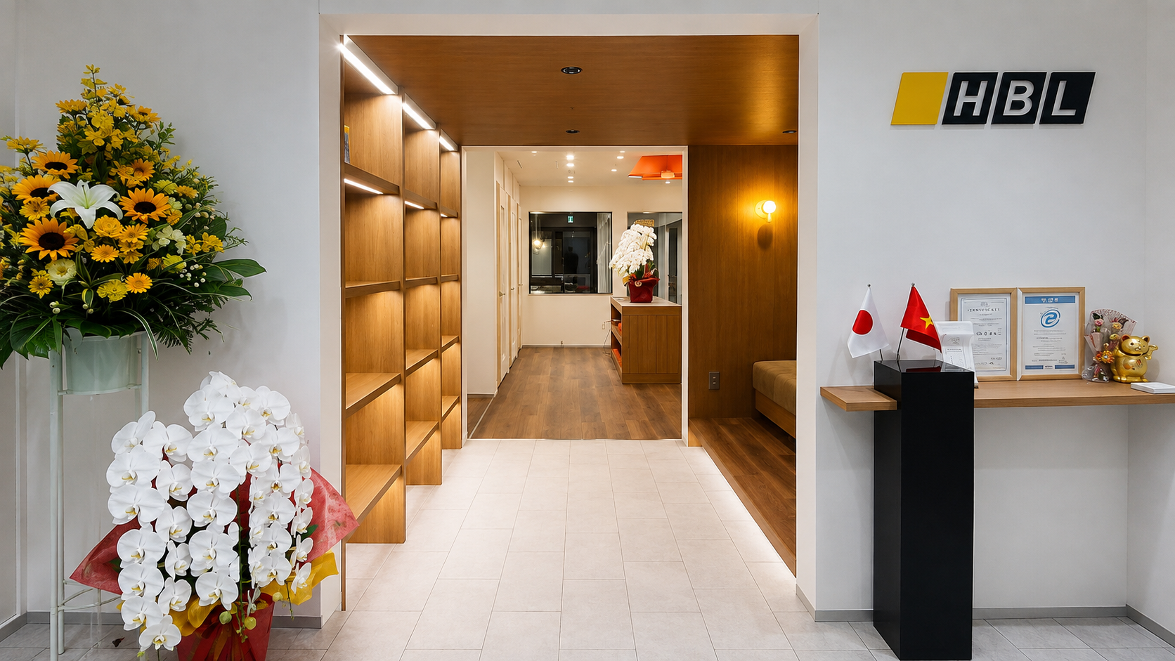 HBLAB Japan office entrance with opening flowers and HBL signage